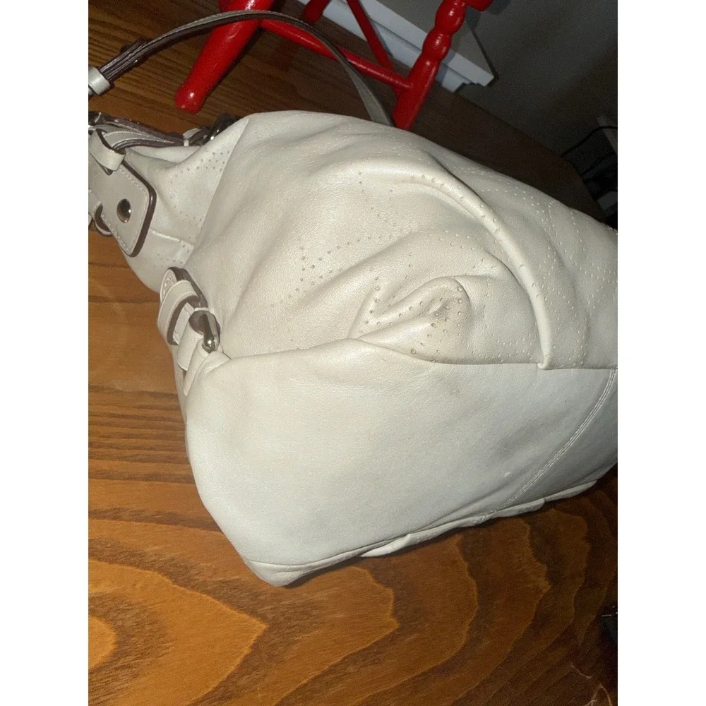 Coach Perforated Signature Leather Shoulder Bag Off White Silver Hardware Hobo